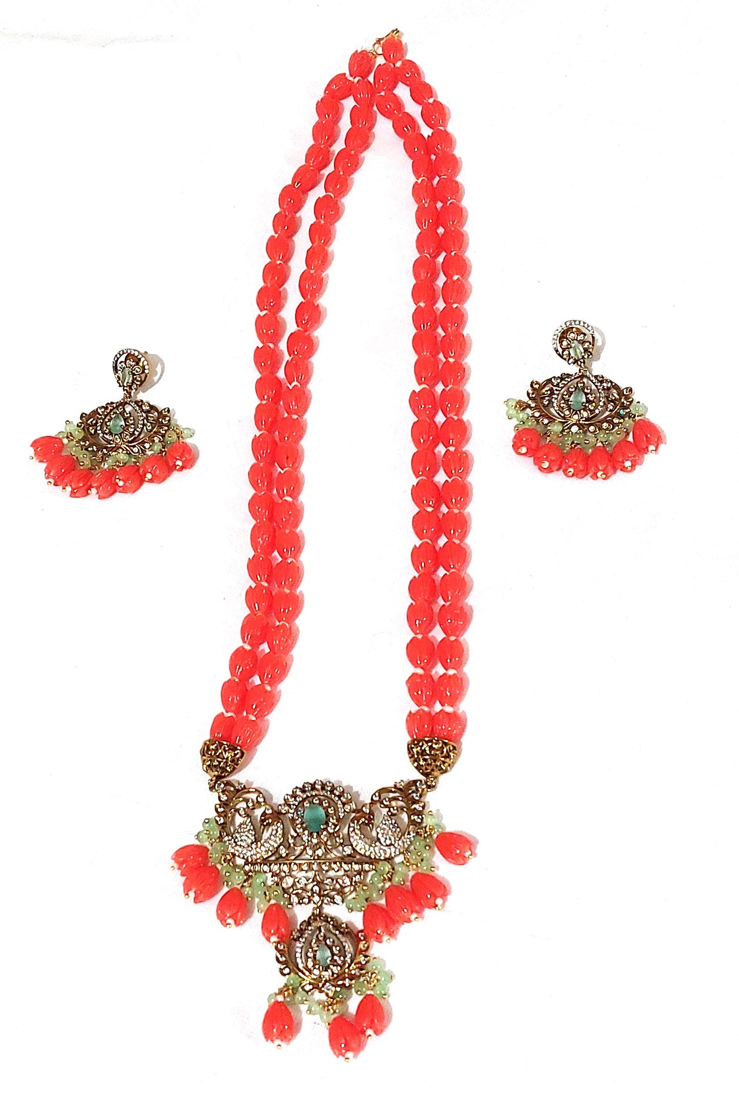 Coral Mala with Victorian Pendant and Earrings