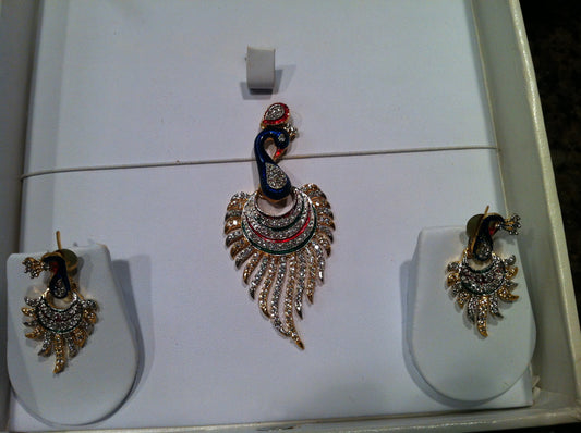 Beautiful Peacock CZ Pendant with Earrings